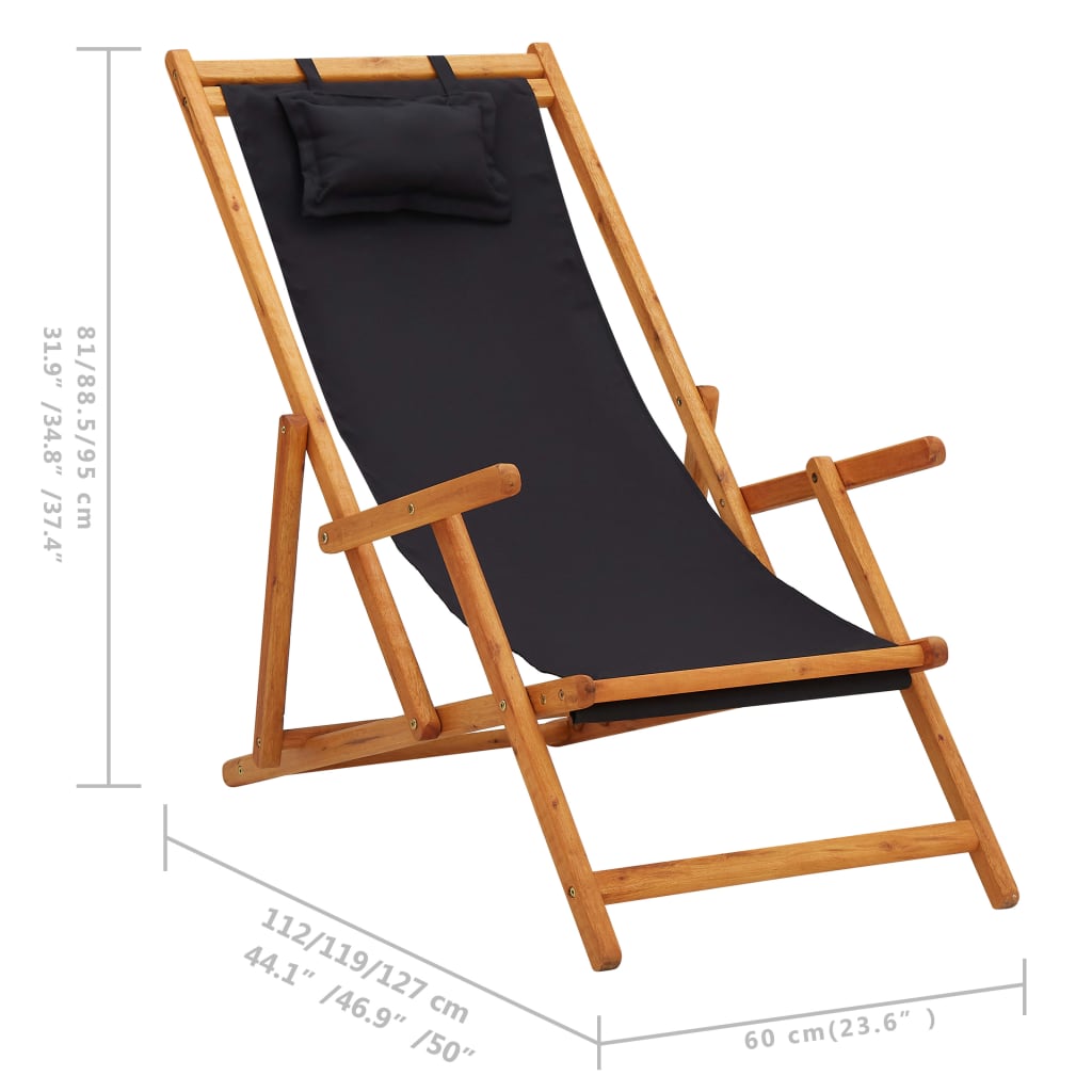 Strandstoel inklapbaar massief eucalyptushout en stof zwart is nu te koop bij PeponiXL, paradijselijk wonen!