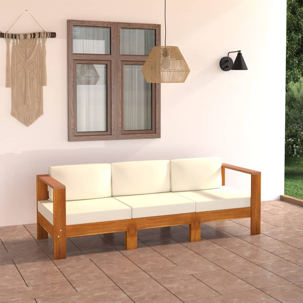 Tuinbank 3-zits met crèmewitte kussens massief acaciahout is nu te koop bij PeponiXL, paradijselijk wonen!