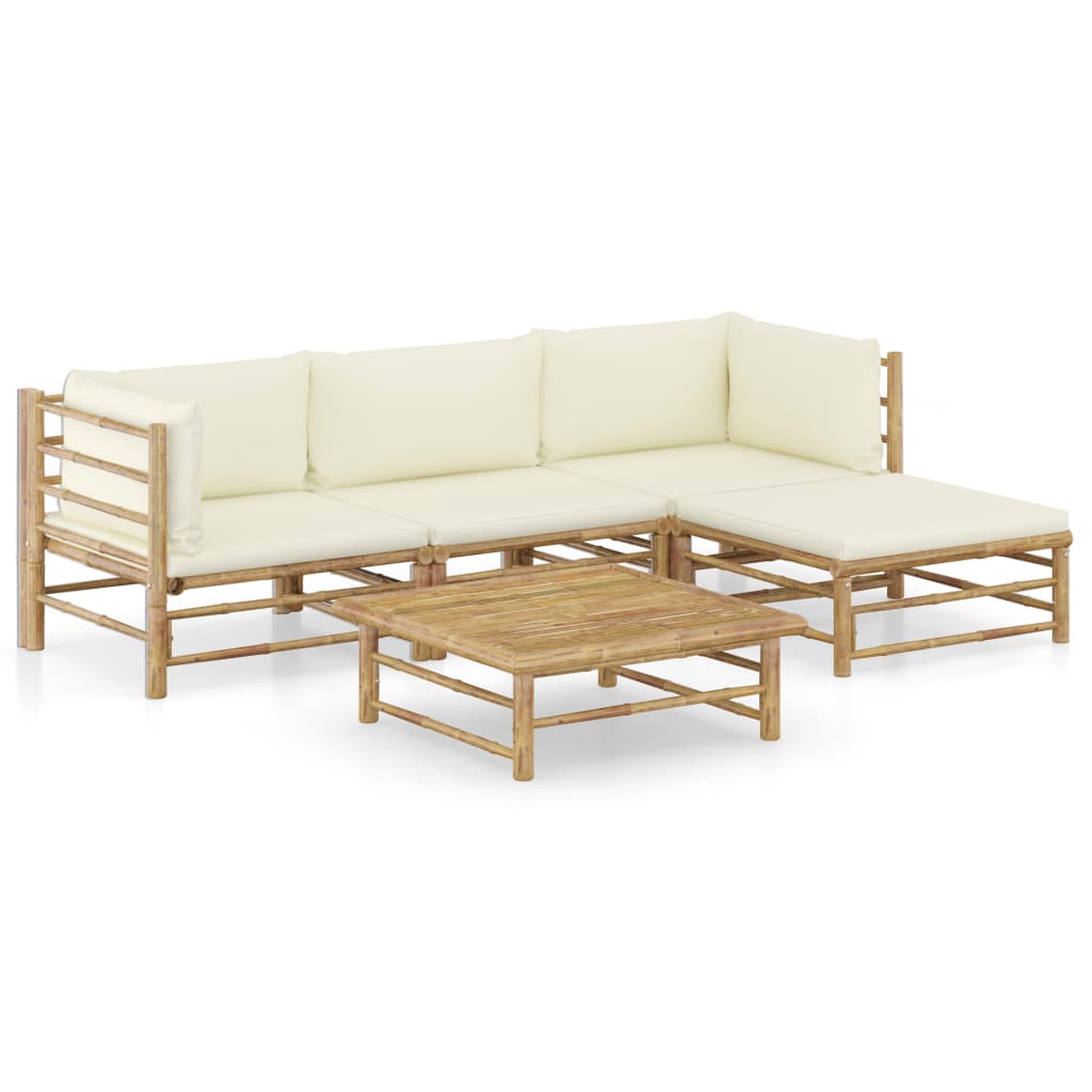 5-delige Loungeset met crèmewitte kussens bamboe is nu te koop bij PeponiXL, paradijselijk wonen!