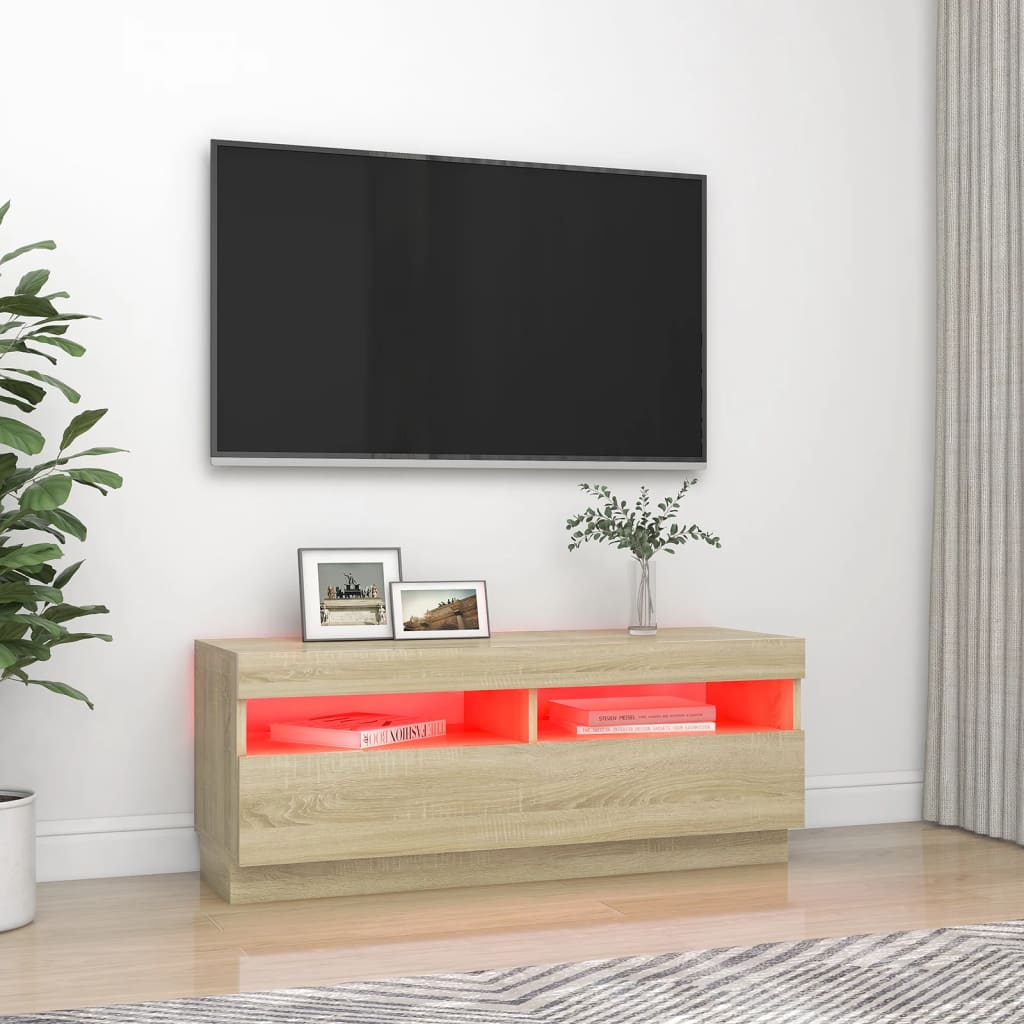 Tv-meubel met LED-verlichting 100x35x40 cm sonoma eikenkleurig is nu te koop bij PeponiXL, paradijselijk wonen!
