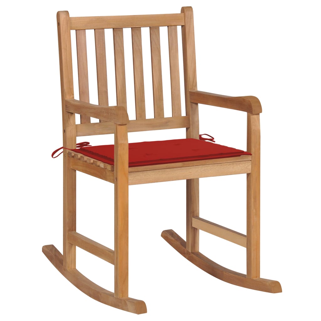 Schommelstoel met rood kussen massief teakhout is nu te koop bij PeponiXL, paradijselijk wonen!
