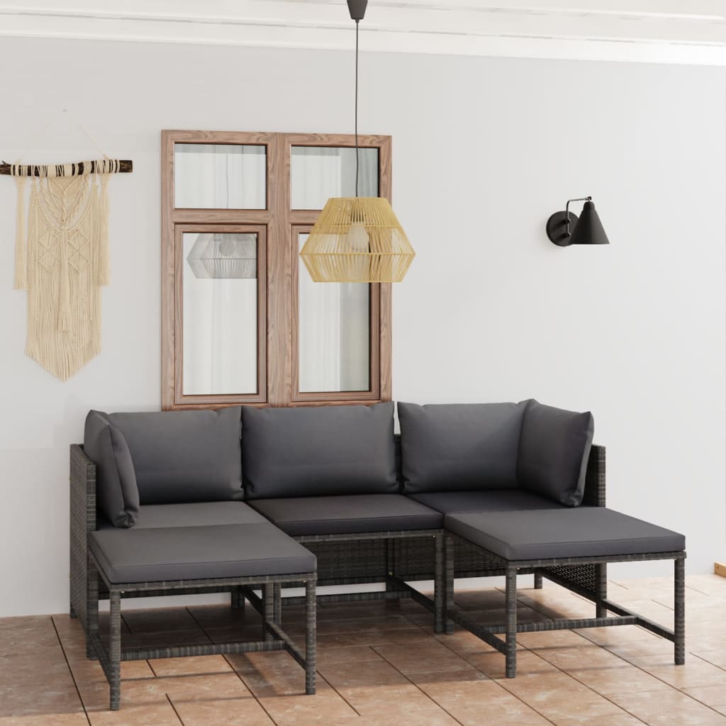 5-delige Loungeset met kussens poly rattan grijs is nu te koop bij PeponiXL, paradijselijk wonen!