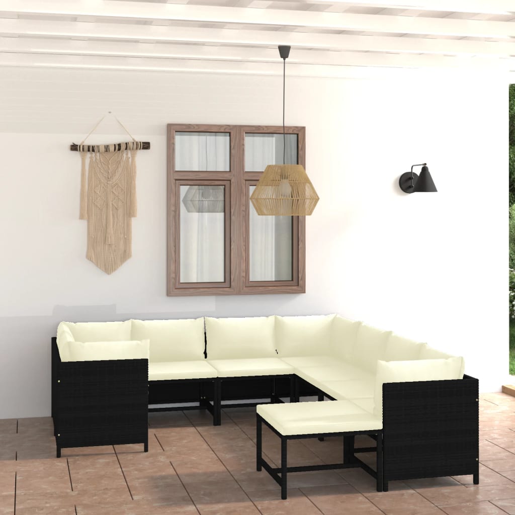 9-delige Loungeset met kussens poly rattan zwart is nu te koop bij PeponiXL, paradijselijk wonen!