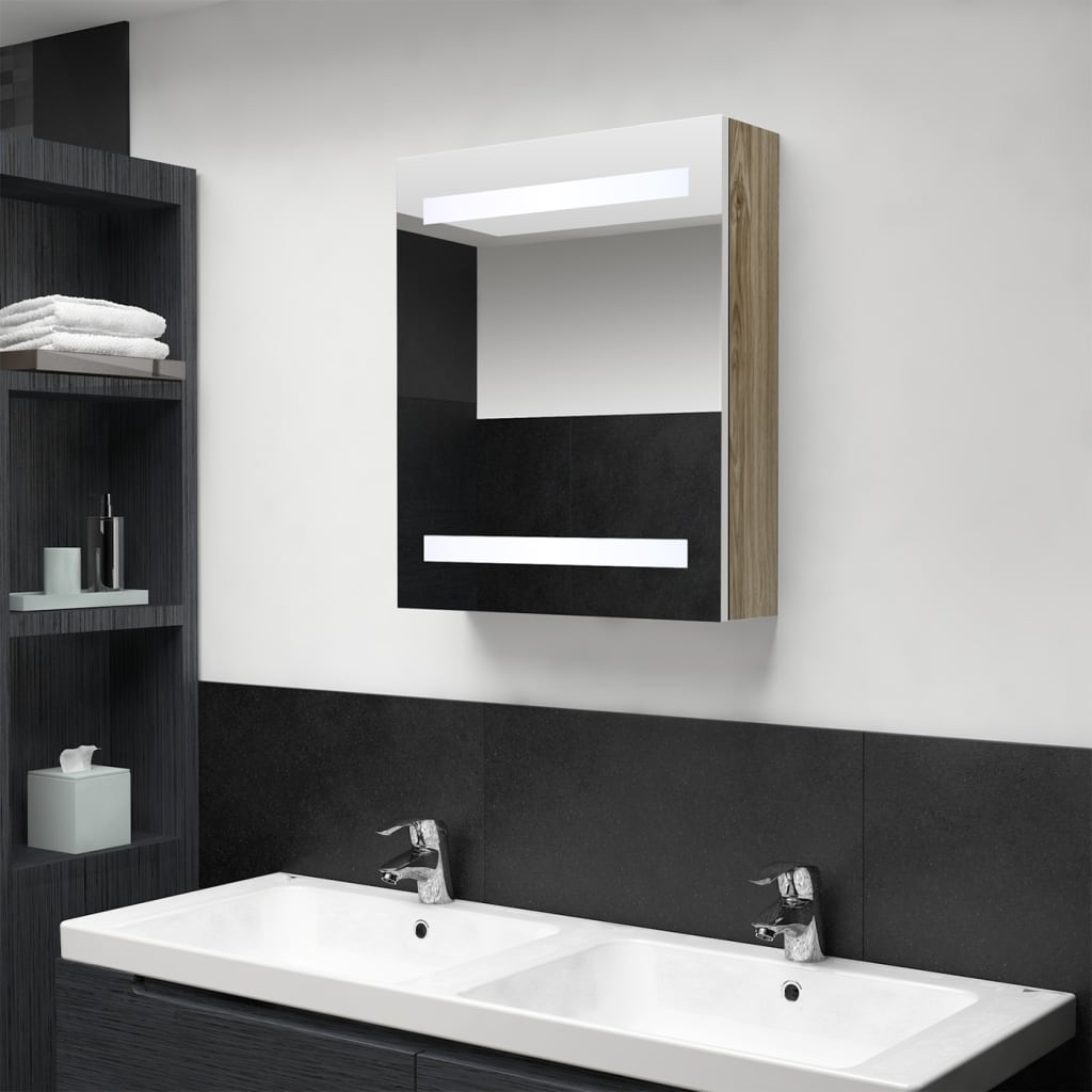 Badkamerkast met spiegel en LED 50x14x60 cm wit eikenkleurig is nu te koop bij PeponiXL, paradijselijk wonen!