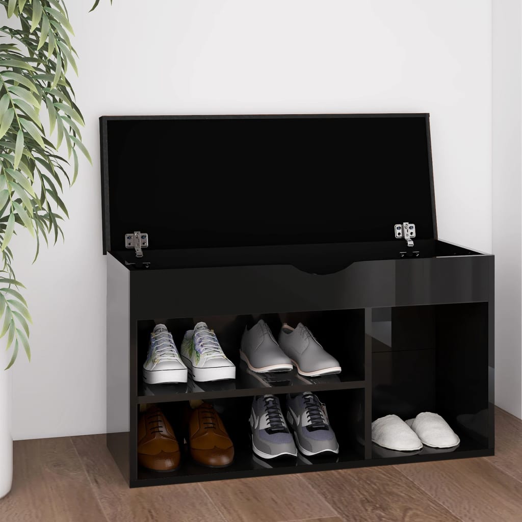 Schoenenbank met kussen 80x30x47 cm hout hoogglans zwart is nu te koop bij PeponiXL, paradijselijk wonen!