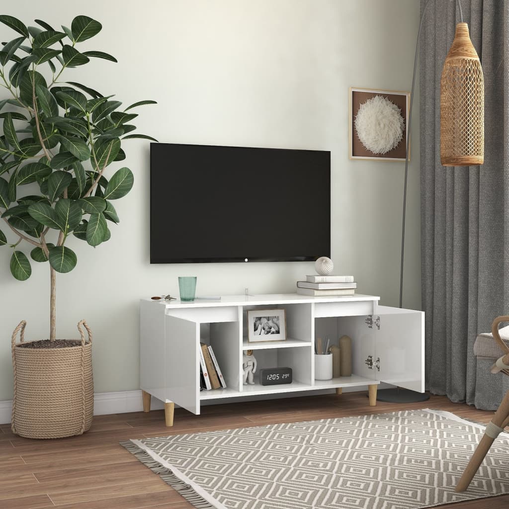 Tv-meubel met houten poten 103,5x35x50 cm hoogglans wit is nu te koop bij PeponiXL, paradijselijk wonen!