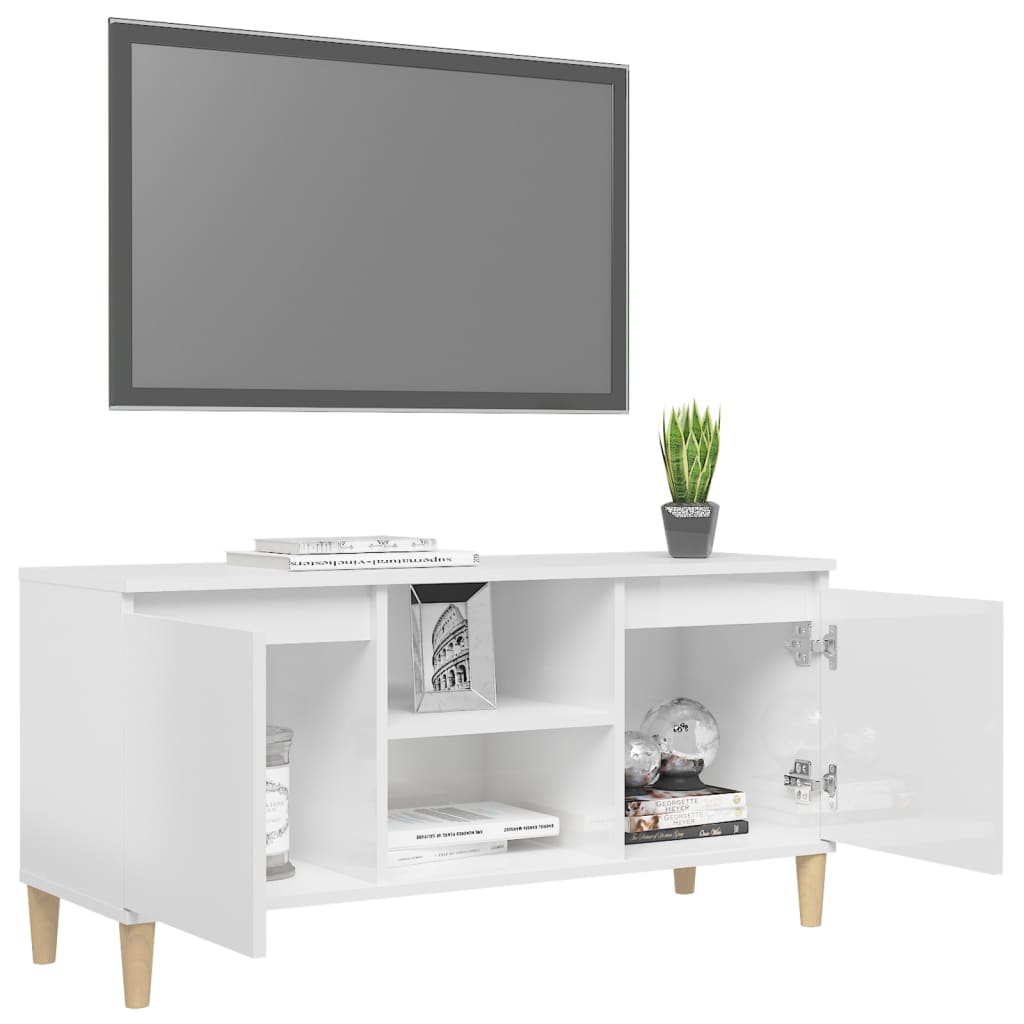 Tv-meubel met houten poten 103,5x35x50 cm hoogglans wit is nu te koop bij PeponiXL, paradijselijk wonen!