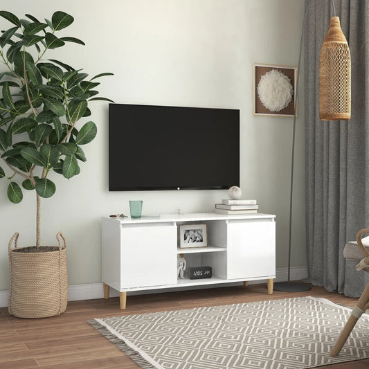 Tv-meubel met houten poten 103,5x35x50 cm hoogglans wit is nu te koop bij PeponiXL, paradijselijk wonen!