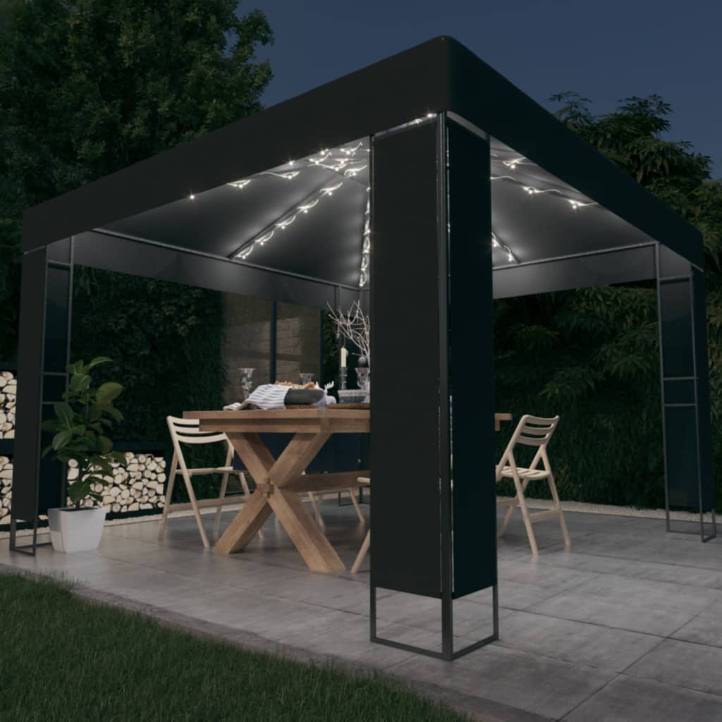 Prieel met dubbel dak en LED-lichtslinger 3x3 m antracietkleur is nu te koop bij PeponiXL, paradijselijk wonen!