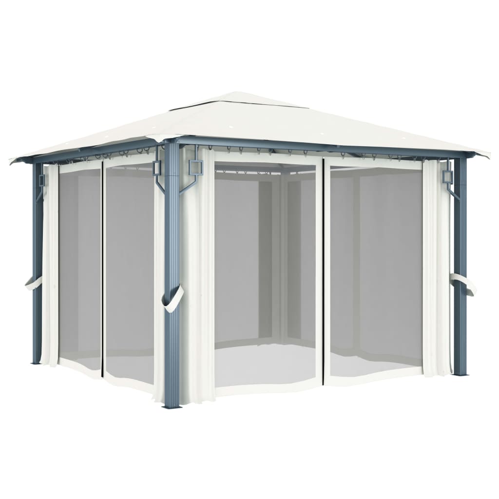 Prieel met gordijn en LED-lichtslinger 3x3 m aluminium crème is nu te koop bij PeponiXL, paradijselijk wonen!