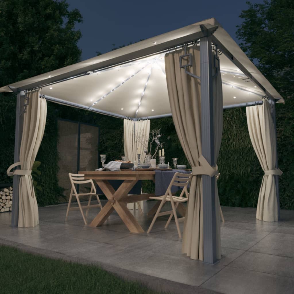 Prieel met gordijn en LED-lichtslinger 3x3 m aluminium crème is nu te koop bij PeponiXL, paradijselijk wonen!