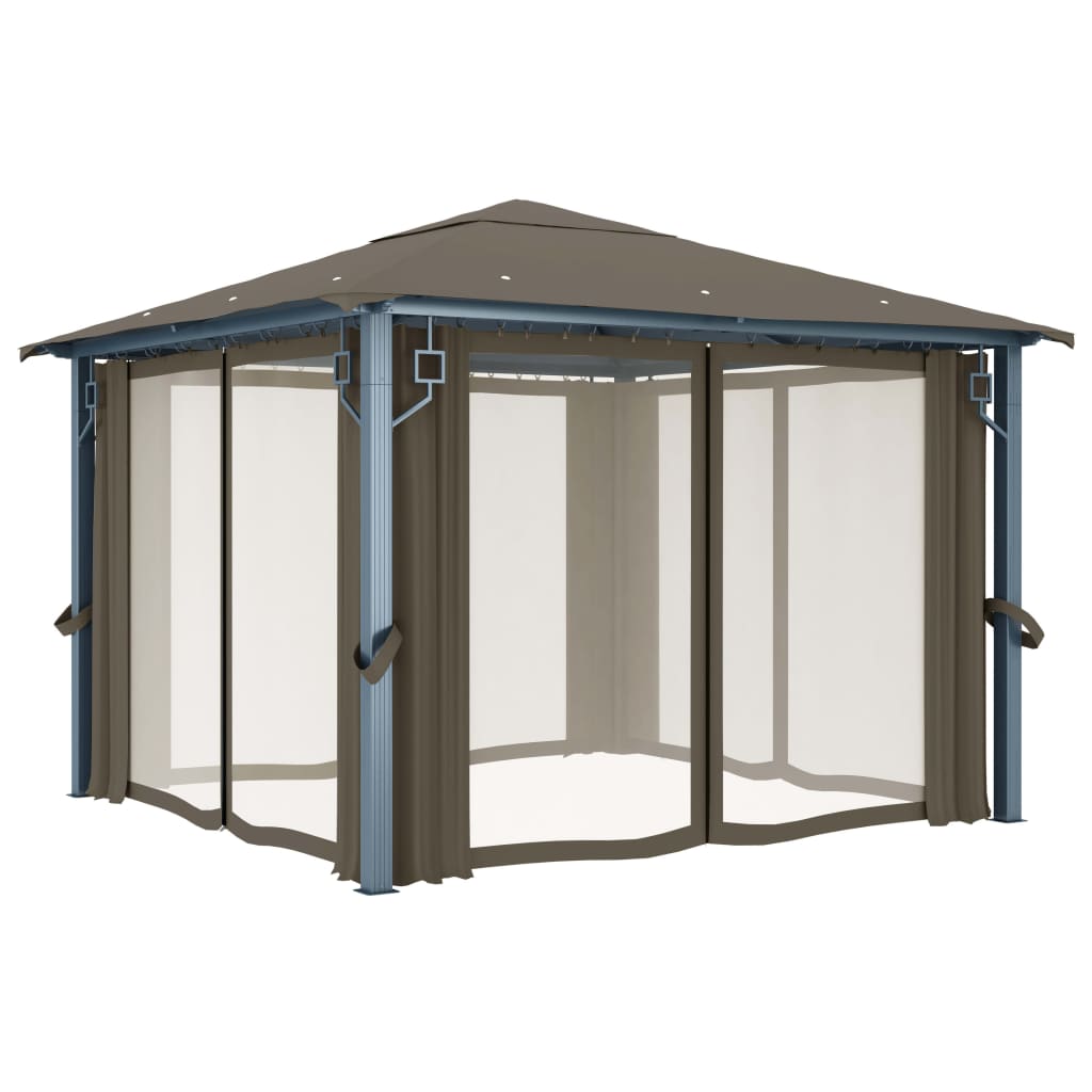 Prieel met gordijn en LED-lichtslinger 3x3 m aluminium taupe is nu te koop bij PeponiXL, paradijselijk wonen!