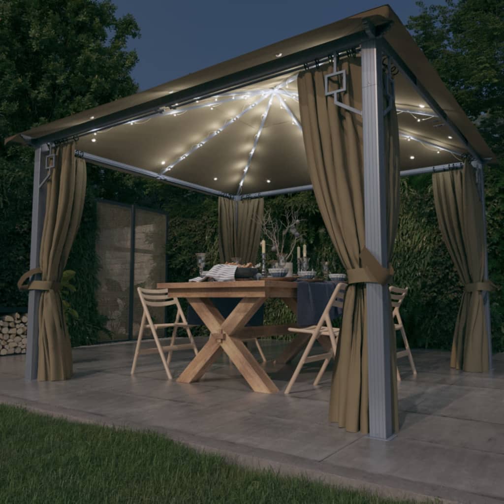 Prieel met gordijn en LED-lichtslinger 3x3 m aluminium taupe is nu te koop bij PeponiXL, paradijselijk wonen!