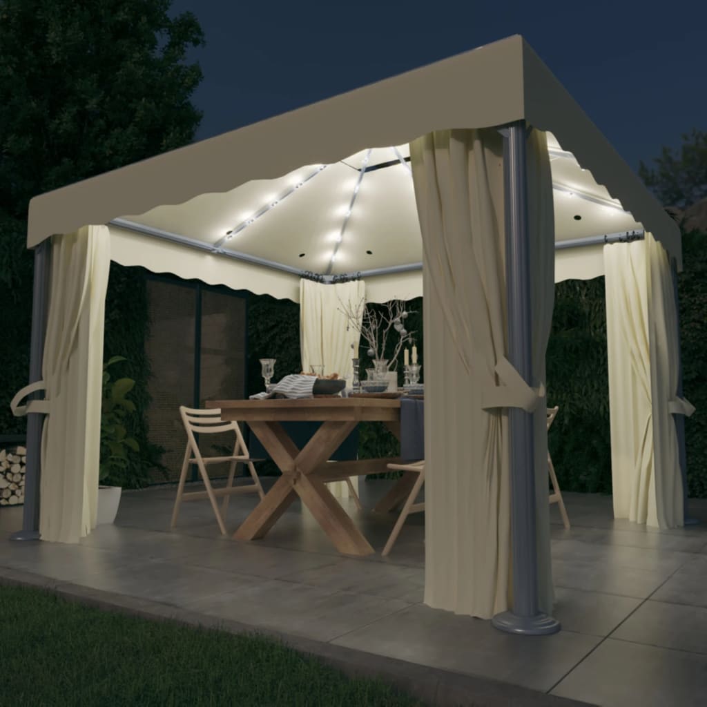 Prieel met gordijn en LED-lichtslinger 3x3 m crèmewit is nu te koop bij PeponiXL, paradijselijk wonen!