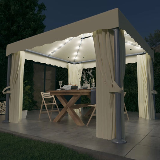 Prieel met gordijn en LED-lichtslinger 3x3 m crèmewit is nu te koop bij PeponiXL, paradijselijk wonen!