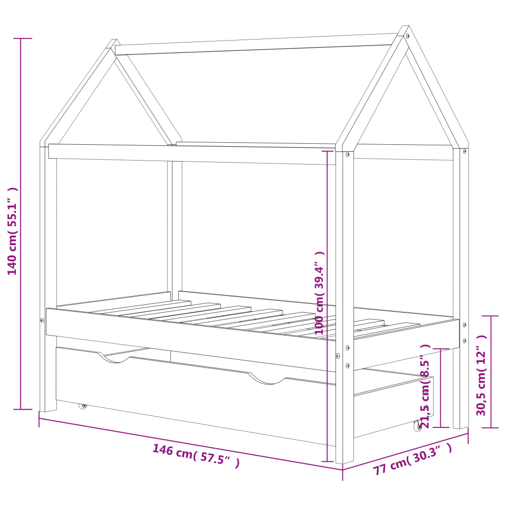 Kinderbedframe met lade grenenhout donkergrijs 70x140 cm is nu te koop bij PeponiXL, paradijselijk wonen!