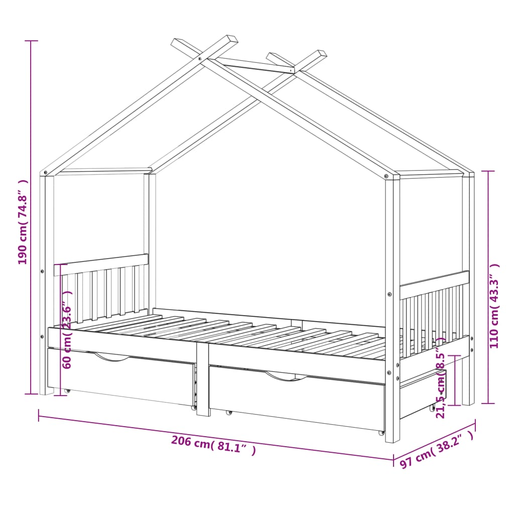 Kinderbedframe met lades grenenhout donkergrijs 90x200 cm is nu te koop bij PeponiXL, paradijselijk wonen!