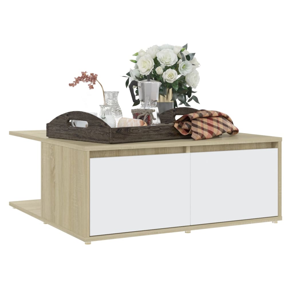 Salontafel 80x80x31 cm bewerkt hout wit en sonoma eikenkleurig is nu te koop bij PeponiXL, paradijselijk wonen!