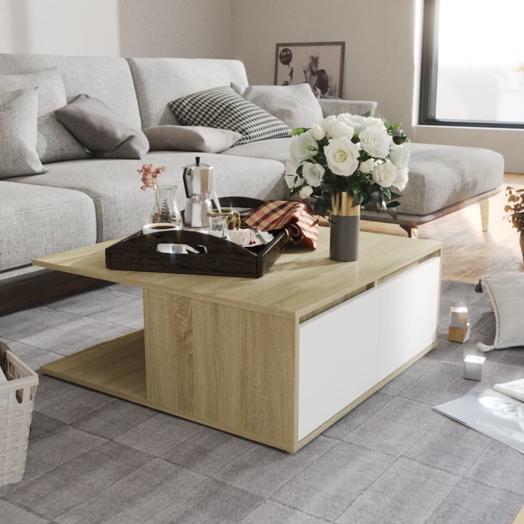 Salontafel 80x80x31 cm bewerkt hout wit en sonoma eikenkleurig is nu te koop bij PeponiXL, paradijselijk wonen!