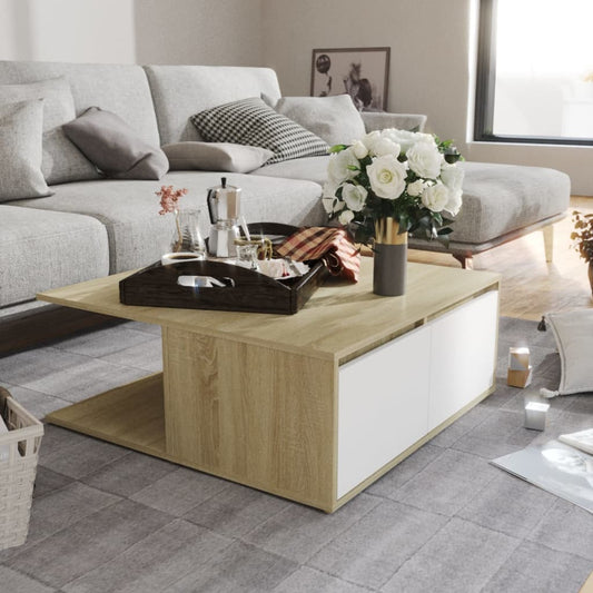 Salontafel 80x80x31 cm bewerkt hout wit en sonoma eikenkleurig is nu te koop bij PeponiXL, paradijselijk wonen!