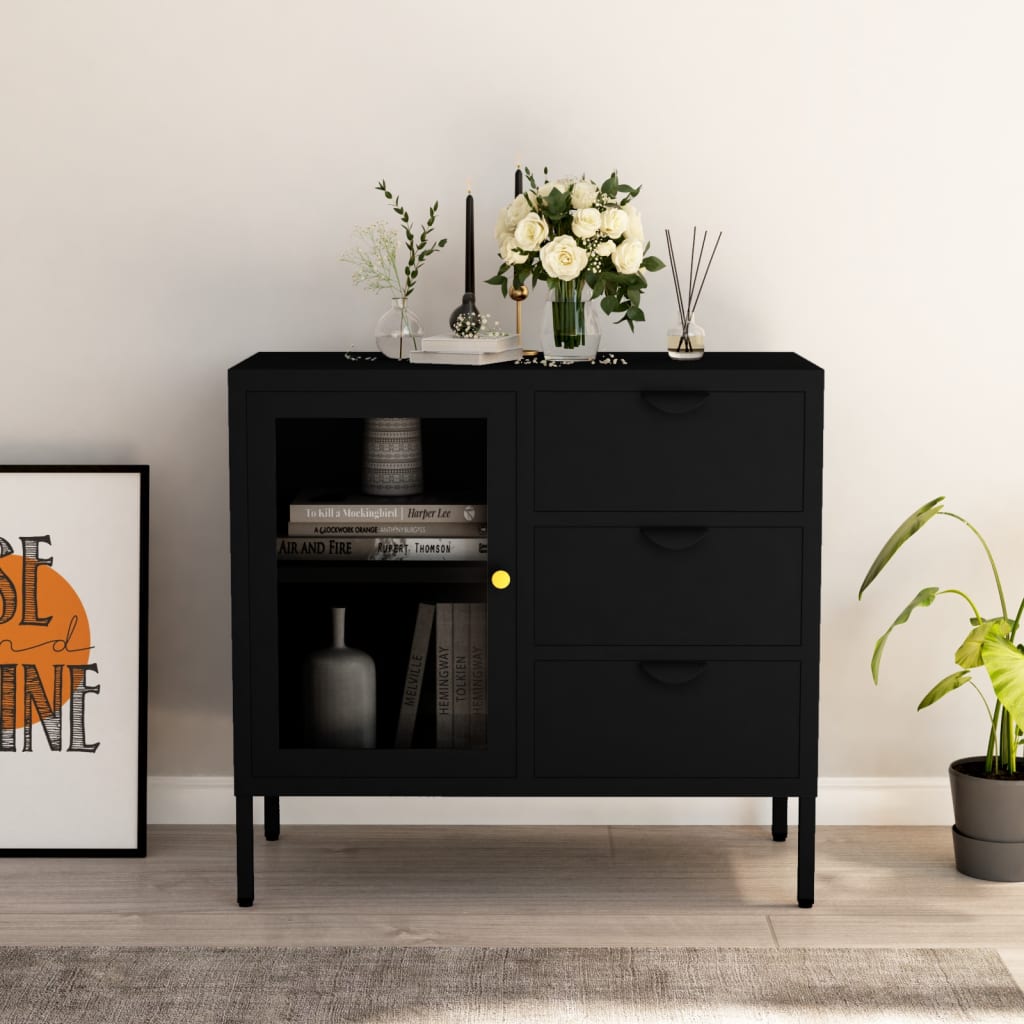 Dressoir 75x35x70 cm staal en gehard glas zwart is nu te koop bij PeponiXL, paradijselijk wonen!