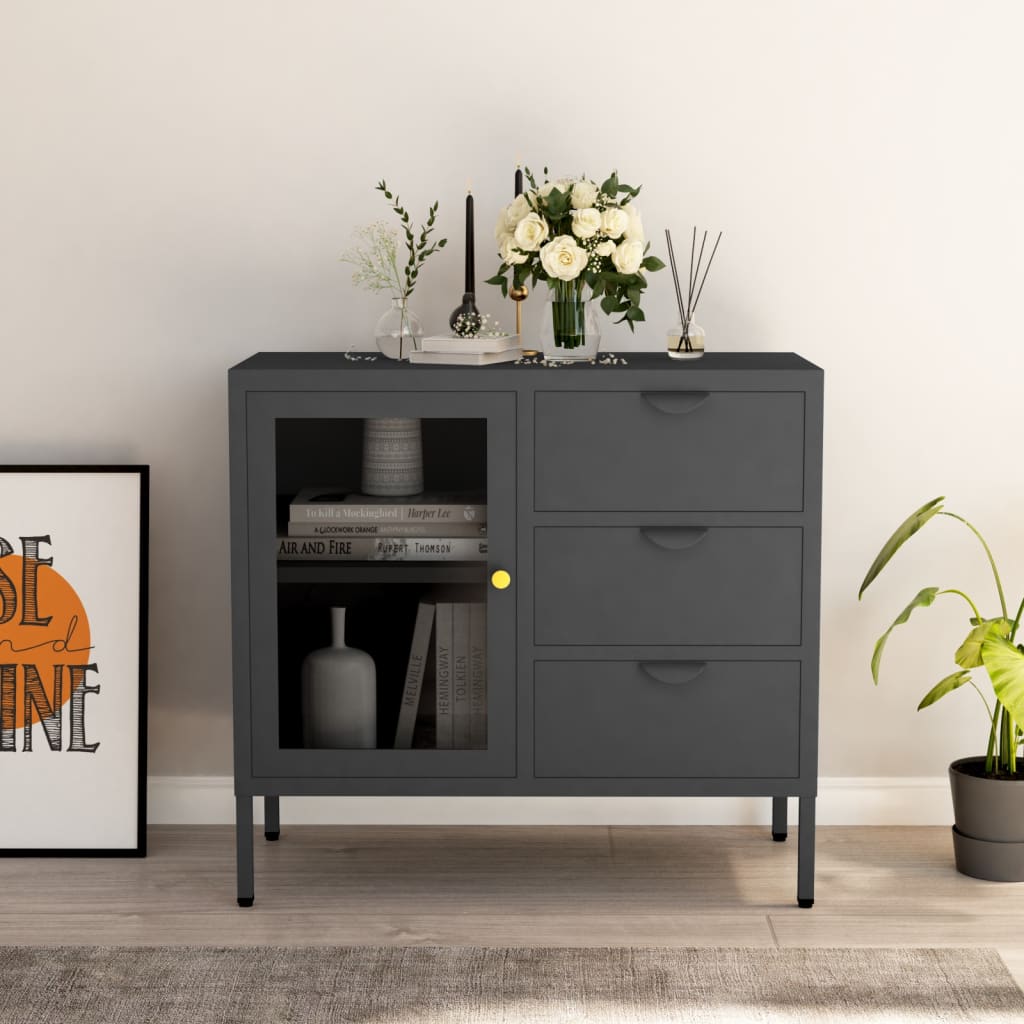 Dressoir 75x35x70 cm staal en gehard glas antracietkleurig is nu te koop bij PeponiXL, paradijselijk wonen!