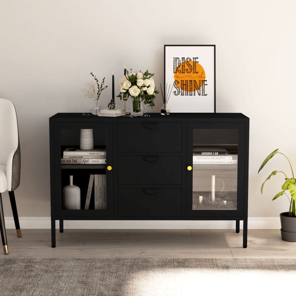 Dressoir 105x35x70 cm staal en gehard glas zwart is nu te koop bij PeponiXL, paradijselijk wonen!