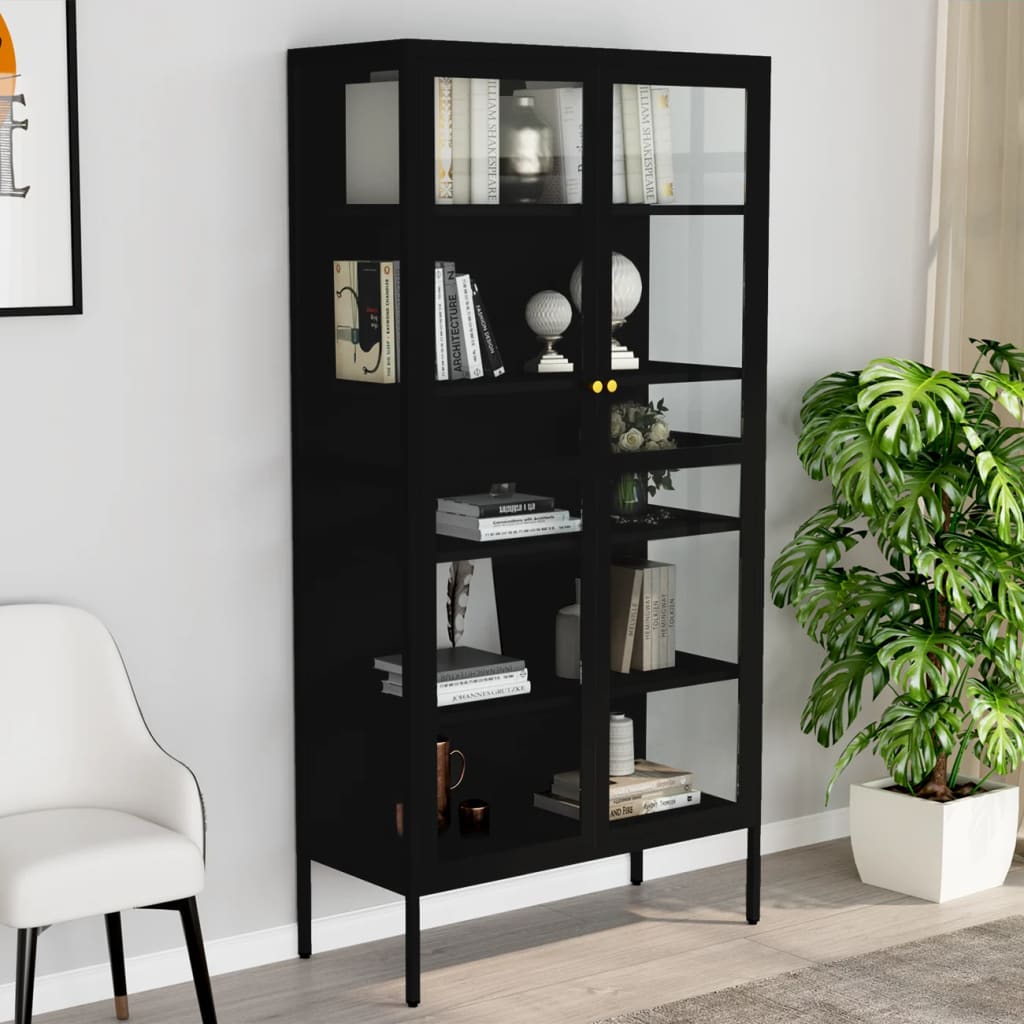 Vitrinekast 90x40x180 cm staal en gehard glas zwart is nu te koop bij PeponiXL, paradijselijk wonen!