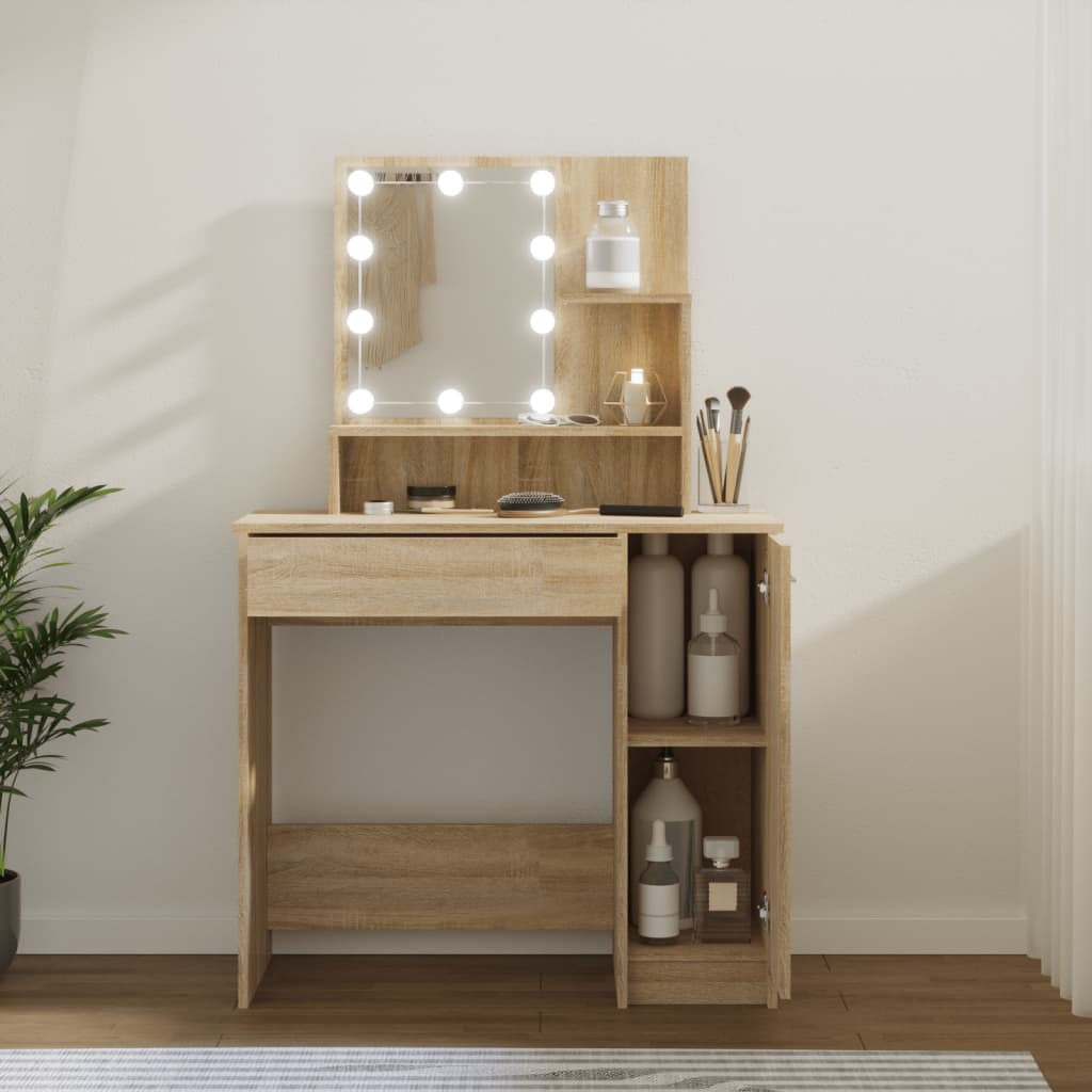 Kaptafel met LED-verlichting 86,5x35x136 cm sonoma eikenkleurig is nu te koop bij PeponiXL, paradijselijk wonen!