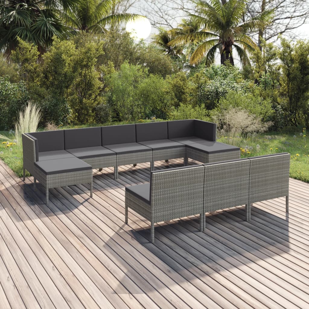 10-delige Loungeset met kussens poly rattan grijs is nu te koop bij PeponiXL, paradijselijk wonen!