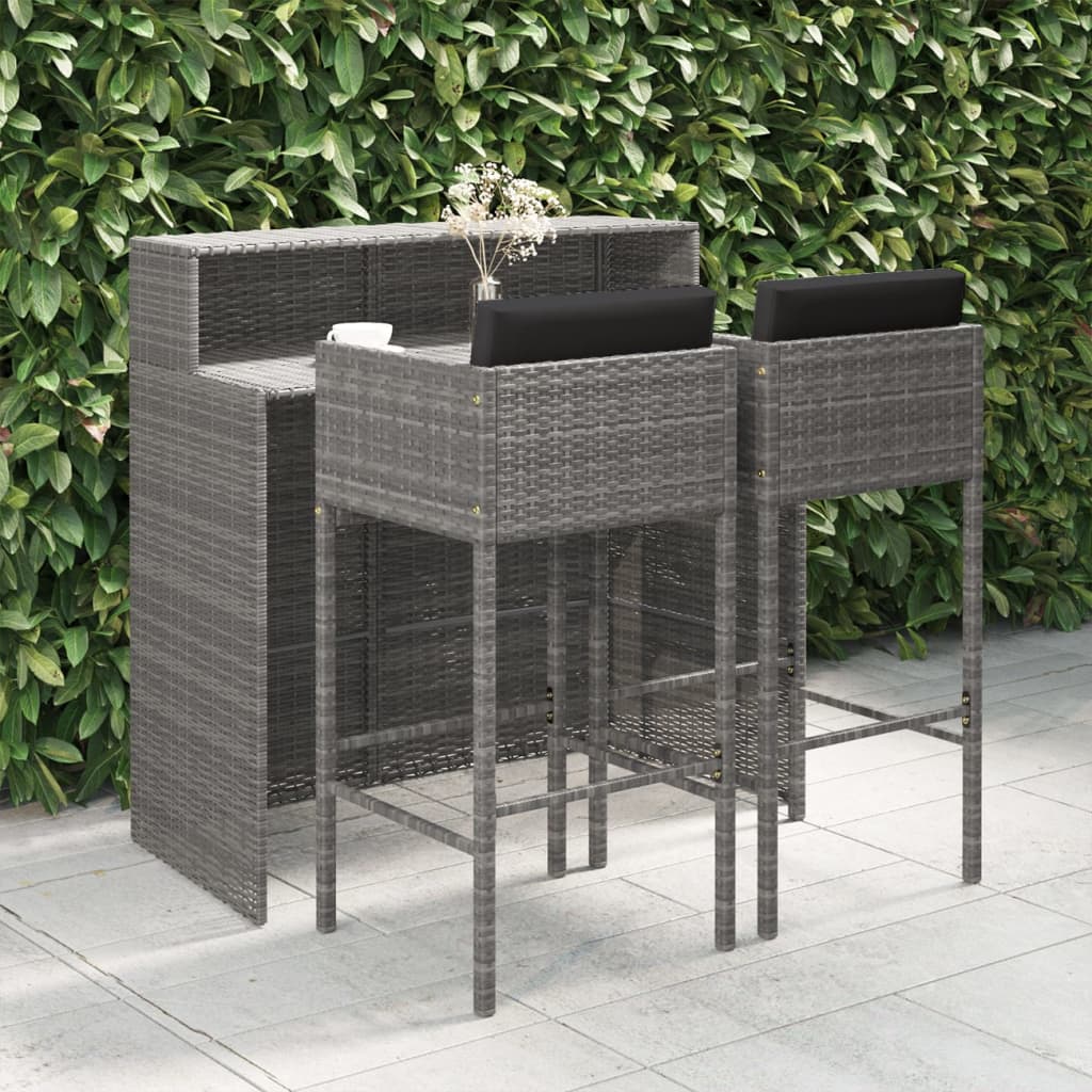 3-delige Tuinbarset met kussens poly rattan grijs is nu te koop bij PeponiXL, paradijselijk wonen!