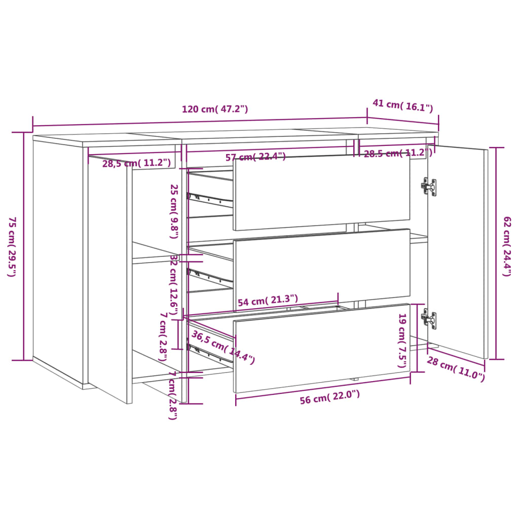 Dressoir met 3 lades 120x41x75 cm bewerkt hout hoogglans wit is nu te koop bij PeponiXL, paradijselijk wonen!