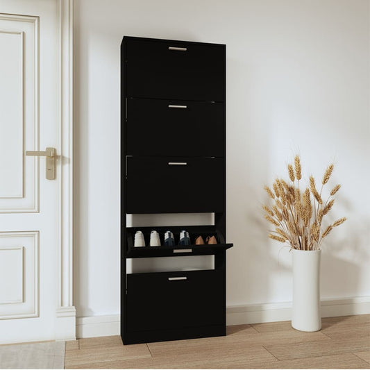 Schoenenkast 59x17x169 cm bewerkt hout zwart is nu te koop bij PeponiXL, paradijselijk wonen!