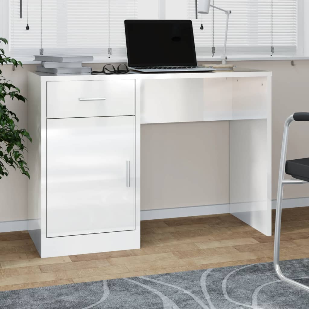 Bureau met kast en lade 100x40x73 cm bewerkt hout hoogglans wit is nu te koop bij PeponiXL, paradijselijk wonen!