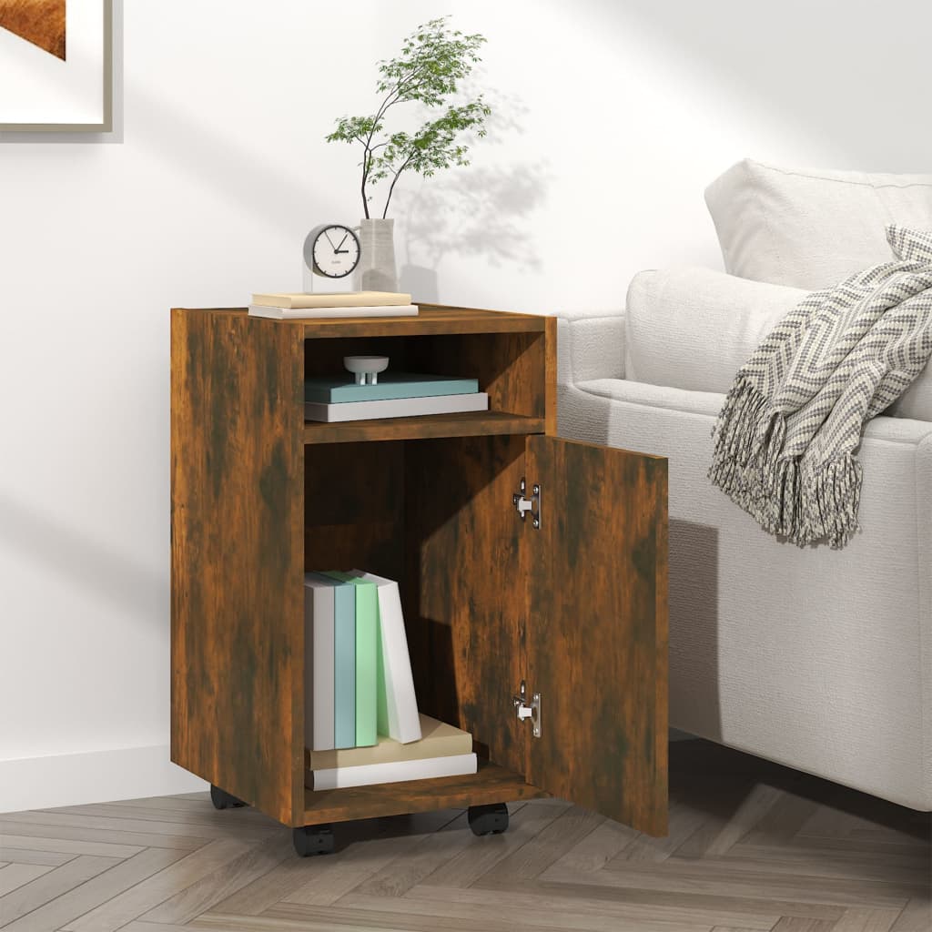 Bijzetkast met wielen 33x38x60 cm bewerkt hout gerookt eiken is nu te koop bij PeponiXL, paradijselijk wonen!