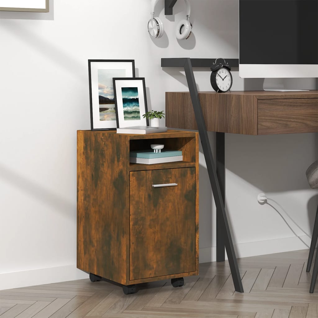Bijzetkast met wielen 33x38x60 cm bewerkt hout gerookt eiken is nu te koop bij PeponiXL, paradijselijk wonen!