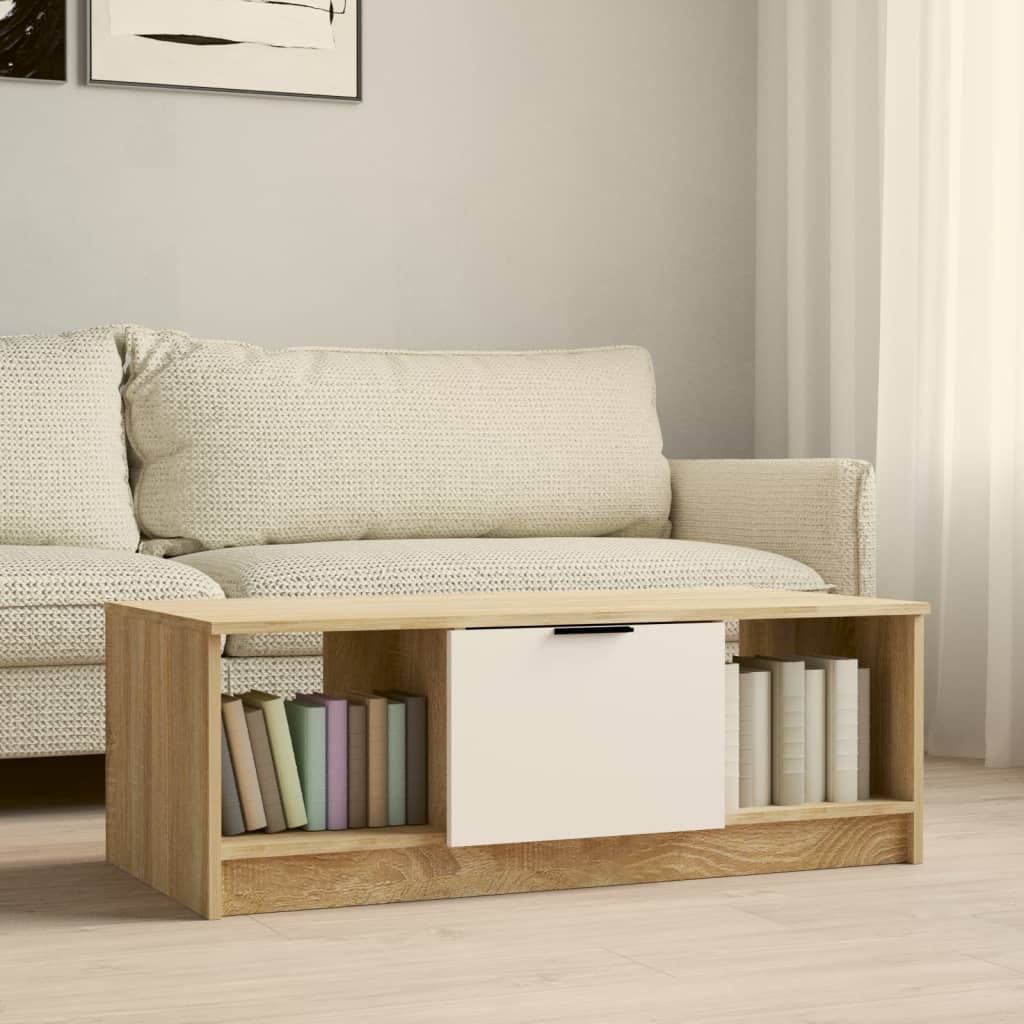Salontafel 102x50x36 cm bewerkt hout wit en sonoma eikenkleurig is nu te koop bij PeponiXL, paradijselijk wonen!