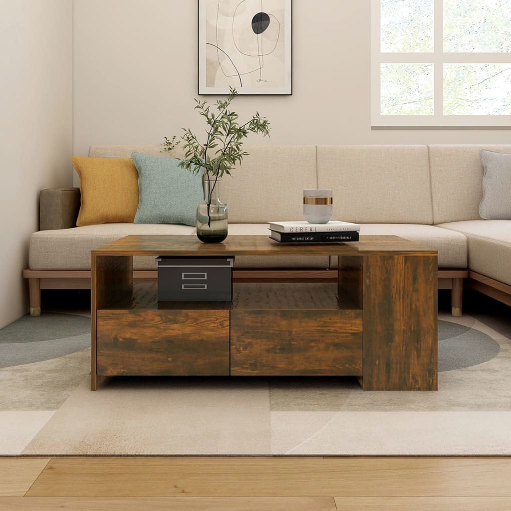 Salontafel 102x55x42 cm bewerkt hout gerookt eikenkleurig is nu te koop bij PeponiXL, paradijselijk wonen!