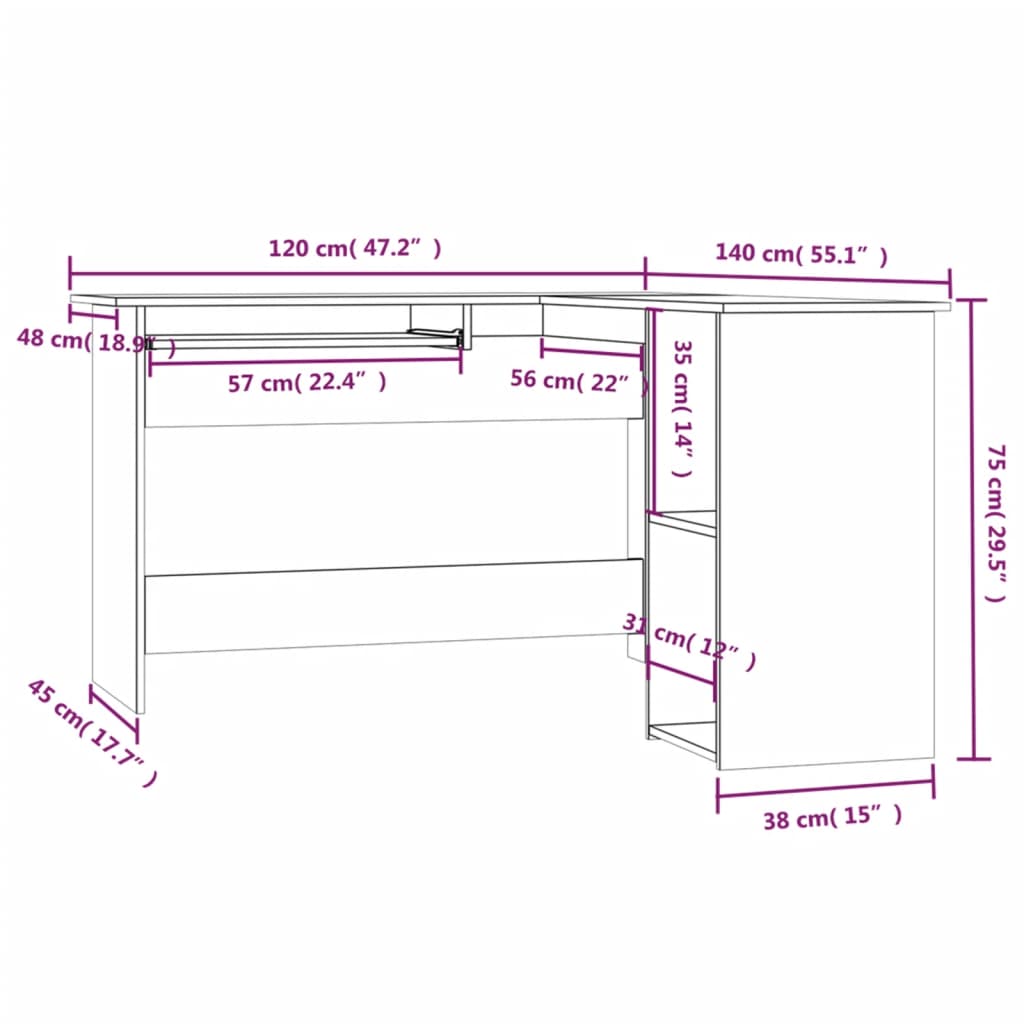 Hoekbureau 120x140x75 cm bewerkt hout grijs sonoma eikenkleurig is nu te koop bij PeponiXL, paradijselijk wonen!