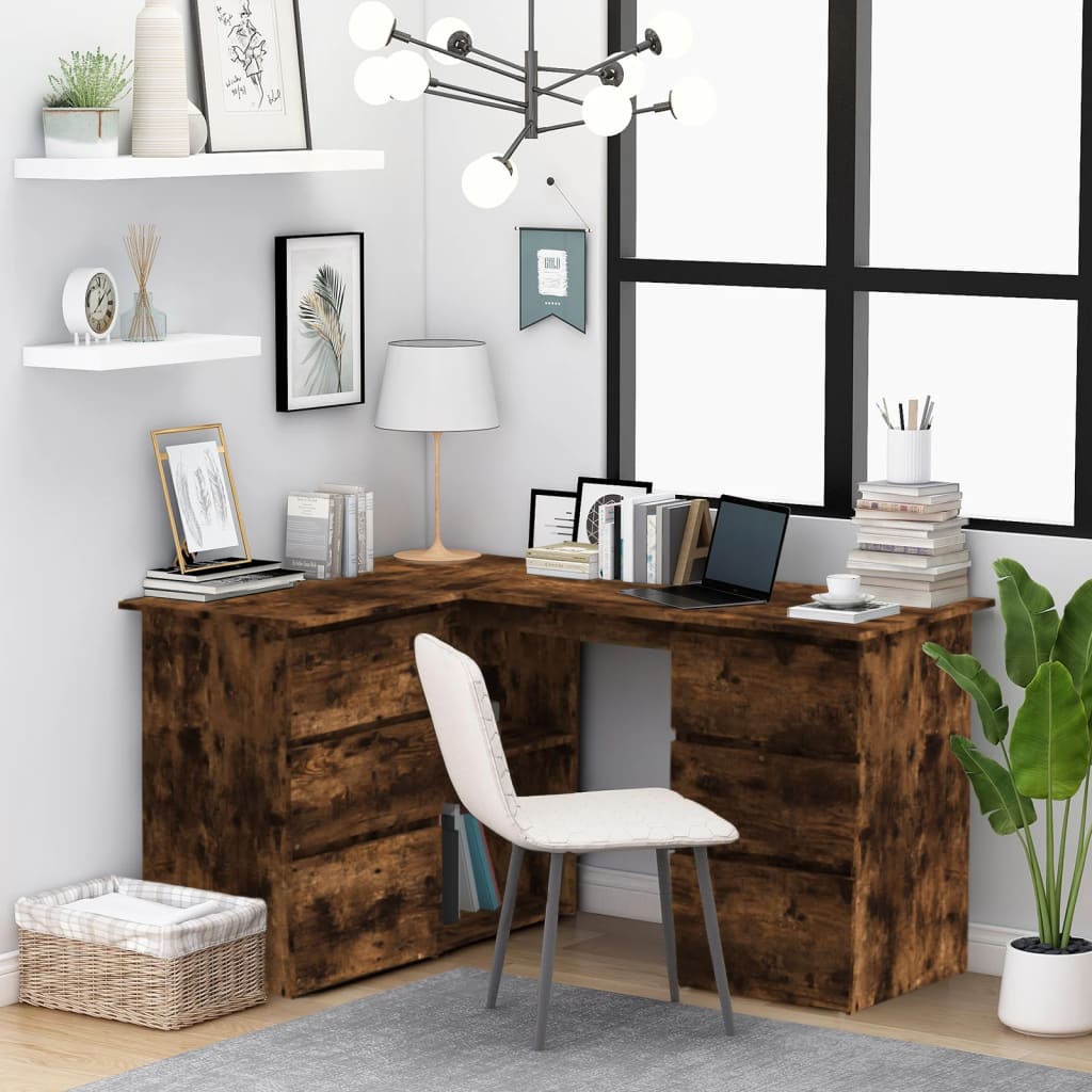 Hoekbureau 145x100x76 cm bewerkt hout gerookt eikenkleurig is nu te koop bij PeponiXL, paradijselijk wonen!