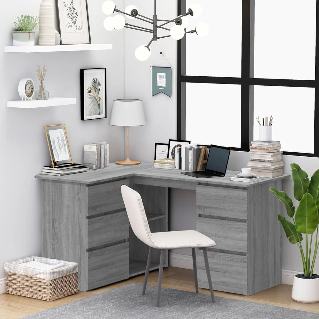 Hoekbureau 145x100x76 cm bewerkt hout grijs sonoma eikenkleurig is nu te koop bij PeponiXL, paradijselijk wonen!
