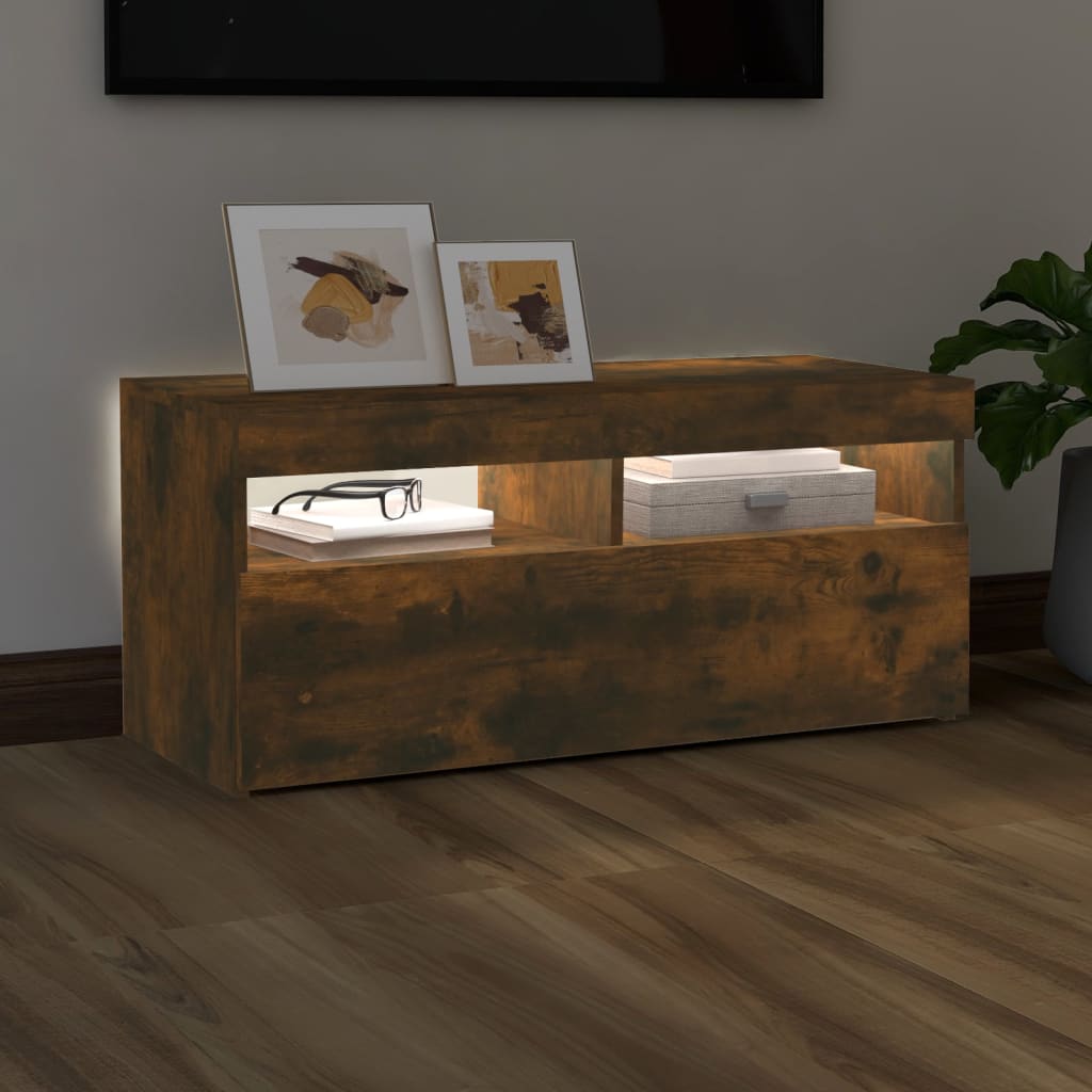 Tv-meubel met LED-verlichting 90x35x40 cm gerookt eikenkleurig is nu te koop bij PeponiXL, paradijselijk wonen!