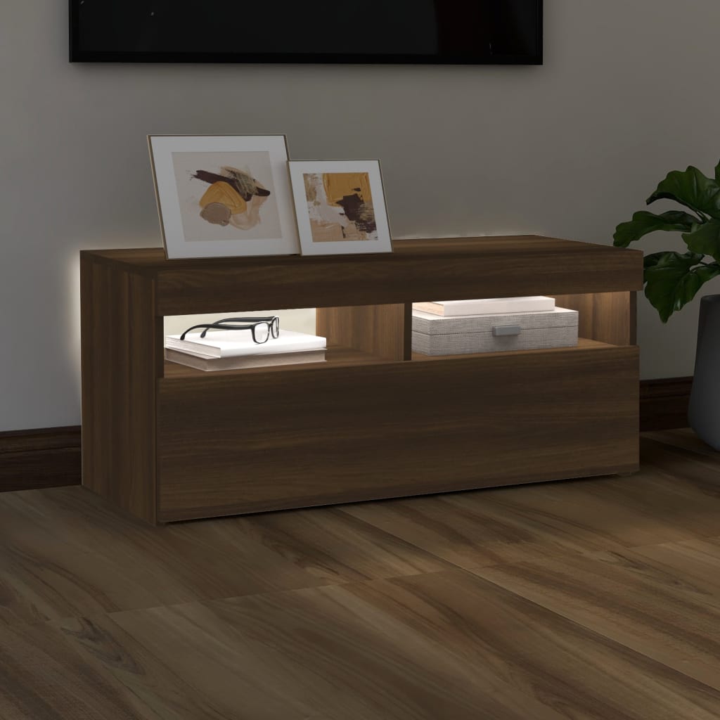 Tv-meubel met LED-verlichting 90x35x40 cm bruin eikenkleur is nu te koop bij PeponiXL, paradijselijk wonen!