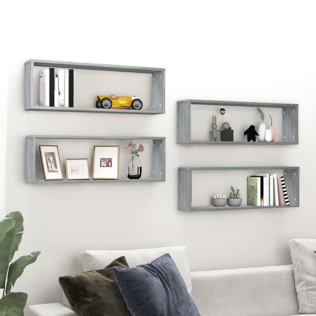 Wandschappen kubus 4 st 80x15x26,5 cm bewerkt hout grijs sonoma is nu te koop bij PeponiXL, paradijselijk wonen!