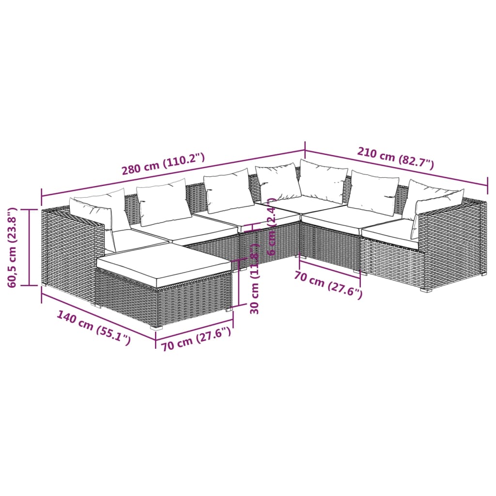 7-delige Loungeset met kussens poly rattan bruin is nu te koop bij PeponiXL, paradijselijk wonen!
