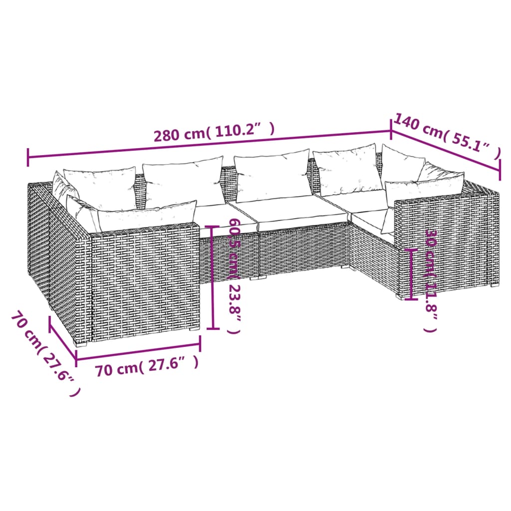 6-delige Loungeset met kussens poly rattan bruin is nu te koop bij PeponiXL, paradijselijk wonen!