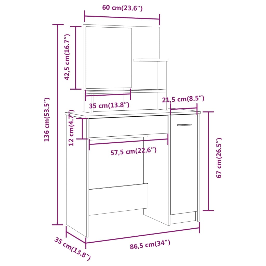 Kaptafel met spiegel 86,5x35x136 cm sonoma eikenkleurig is nu te koop bij PeponiXL, paradijselijk wonen!