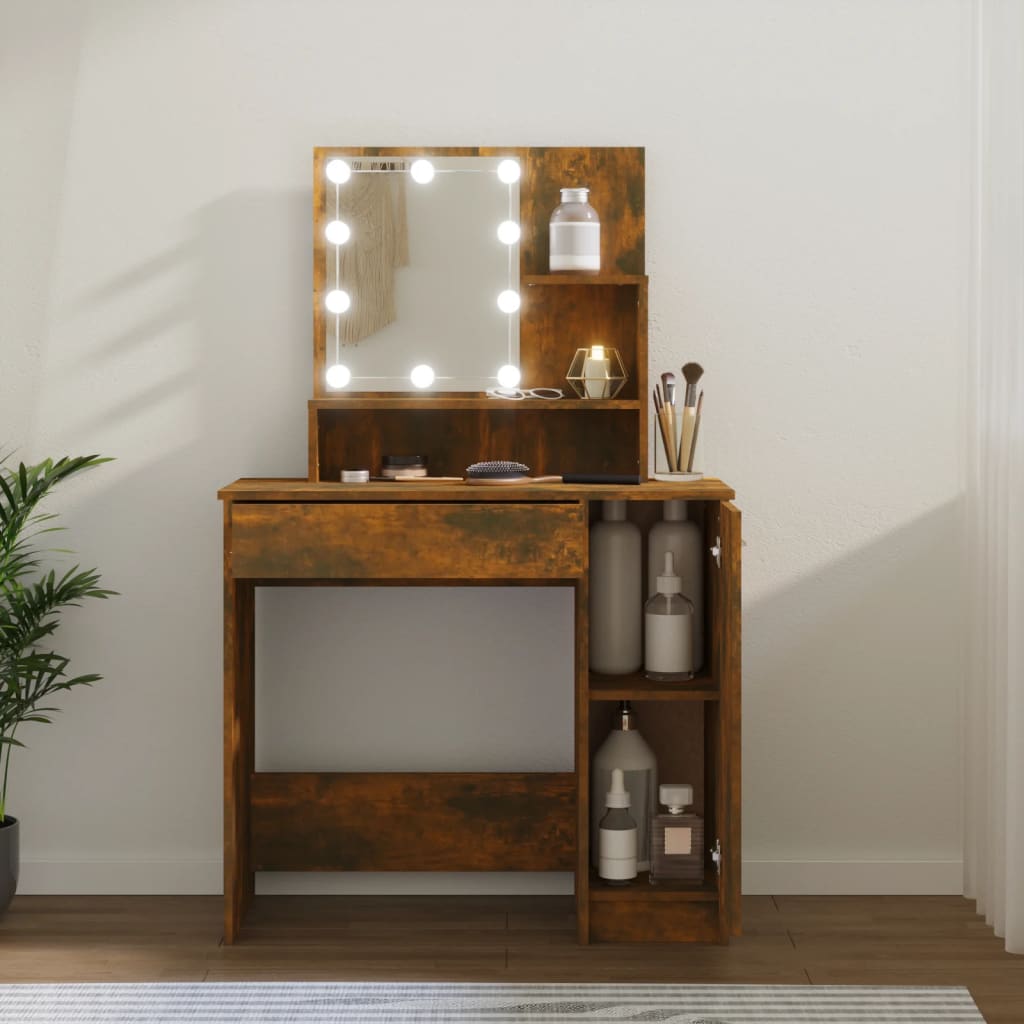 Kaptafel met LED-verlichting 86,5x35x136 cm gerookt eikenkleur is nu te koop bij PeponiXL, paradijselijk wonen!