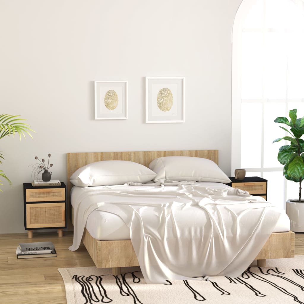 Nachtkastjes 2 st massief grenenhout en natuurlijk rattan zwart is nu te koop bij PeponiXL, paradijselijk wonen!