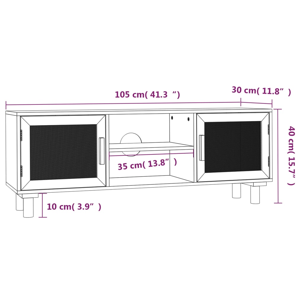 Tv-meubel 105x30x40 cm massief grenenhout en rattan wit is nu te koop bij PeponiXL, paradijselijk wonen!